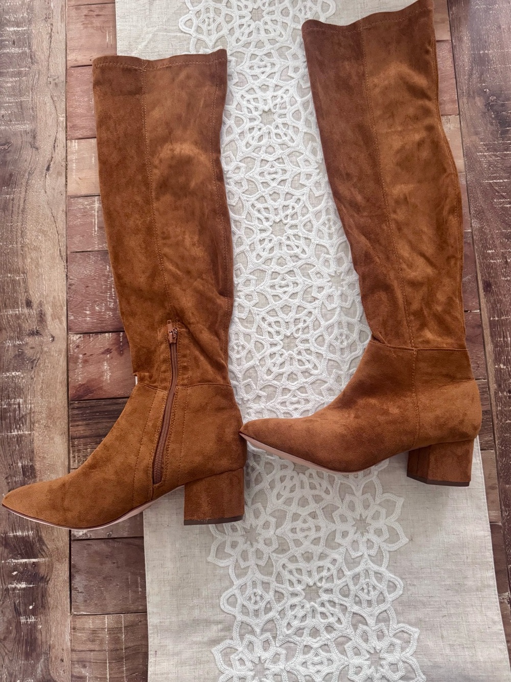 Chase + Chloe Cognac Faux Suede Knee High Pointed Toe Block Heel Boots 8.5